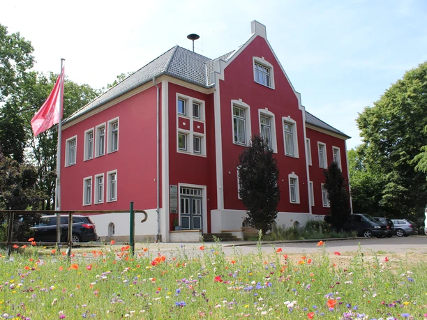 Amtshof 1 Bruchhausen-Vilsen Ein rotes, historisches Gebäude in Bruchhausen-Vilsen, umgeben von Blumenwiese und Parkplätzen.