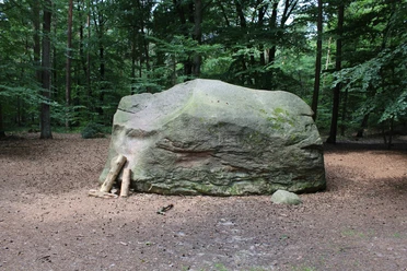 Giebichenstein Stöckse Großer Findling umgeben von dichtem Wald auf einer Lichtung, mit einigen Holzstützen an der Seite.