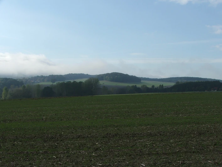 Weite grüne Felder erstrecken sich vor sanften Hügeln unter einem leicht bewölkten Himmel.