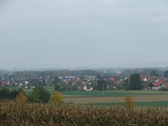 Blick nach Billinghausen Blick auf das Dorf Billinghausen mit roten Dächern, umgeben von Feldern und Bäumen unter bewölktem Himmel.