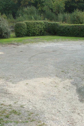 Parkplatz Hiddentrup Kleiner Schotterparkplatz umgeben von dichter Vegetation, im Hintergrund dichte grüne Hecken.