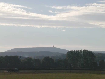 Blick über ein weites Feld hin zum Hermannsdenkmal am Horizont, vor bewaldetem Hügelzug.