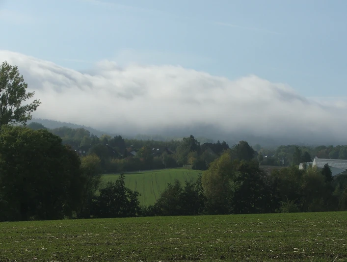 Blick von der Egge Blick über Felder auf eine leicht hügelige Landschaft, teils mit Bäumen und Nebel umhüllt.