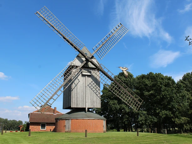 Windmühle Wenden Windmühle mit großen Flügeln auf grünem Rasen, blauer Himmel mit vereinzelten Wolken.