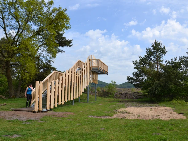 Holzsteg mit Aussichtsplattform in naturnaher Landschaft nahe Augustdorf, umgeben von Bäumen und Wiesen.