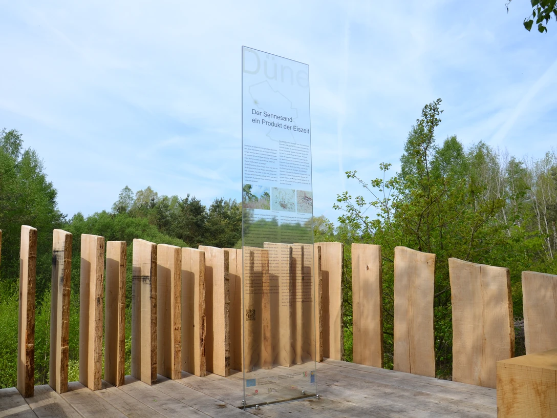 Landschaftspodest "Haldenhang" Holzpodest mit Infotafel, umgeben von natürlicher Vegetation, im Landschaftsgebiet "Haldenhang".