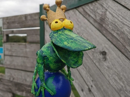 Froschkönig am Lieblingsort Holtgast Eine bunte, humorvolle Froschskulptur mit Krone auf einem blauen Ball vor einem Holzzaun.