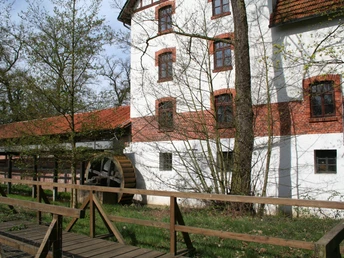 Historische Wassermühle mit rustikalem Ziegelbau, Holzwasserrad und umliegenden grünen Bäumen.