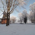 kurpark-muehle-im-schnee.jpg Windmühle im verschneiten Kurpark, umgeben von schneebedeckten Bäumen und blauem Himmel.