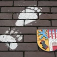 Bärenspur und Nienburger Wappen Ein Bärenfußabdruck aus weißer Farbe sowie ein farbenfrohes Stadtwappen zieren eine Pflasterfläche.A bear's footprint in white paint and a colorful city coat of arms adorn a paved area.Et bjørnefodaftryk i hvid maling og et farverigt byvåben pryder et asfalteret område.Een voetafdruk van een beer in witte verf en een kleurrijk stadswapen sieren een geplaveid gebied.