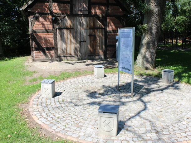 Ein traditionelles Kalibergbaumuseum mit Infotafel, umrandet von grünen Wiesen und Schattenspender.
