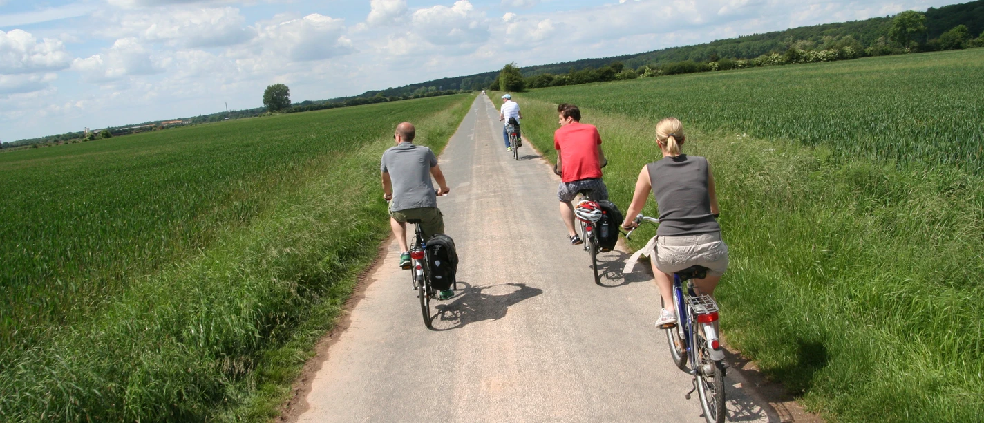 Cyclists on a narrow path along green fields, blue sky with white clouds above.