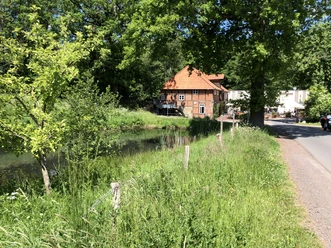 Historische bakstenen kloostermolen Heiligenberg aan een rustig bospad en vijver in de zomer.