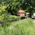 Historische Klostermühle Heiligenberg aus Backstein an einem ruhigen Waldweg und Teich im Sommer.