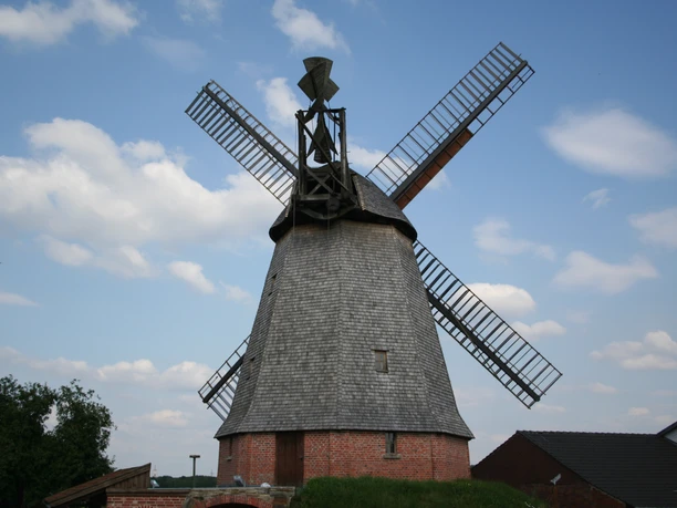Büschings Mühle Historische Windmühle in ländlicher Umgebung mit detailreicher Holzkonstruktion und blauer Himmel.