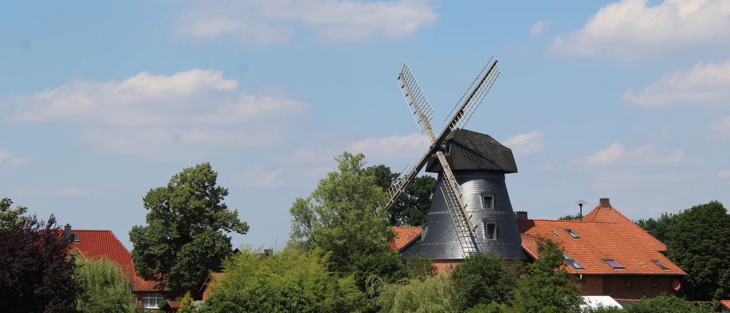 Historische Windmühle, umgeben von grüner Vegetation und roten Ziegeldächern unter blauem Himmel.