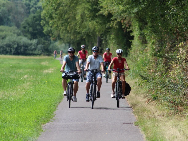 Radler Zwei Männer und eine Frau fahren auf einem asphaltierten Weg durch eine grüne Landschaft Fahrrad.