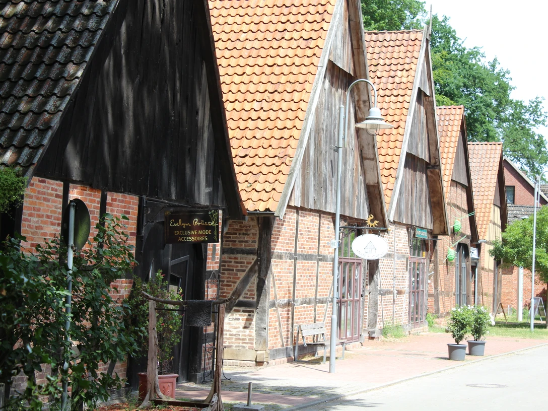 Scheunenviertel Steinhude Eine Reihe historischer Steinhuder Scheunen mit roten Ziegeldächern und grüner Umgebung.