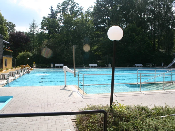 Außenansicht eines großen Freibads mit breitem Wasserbecken, umgeben von grünen Bäumen und Sonnenterrassen.