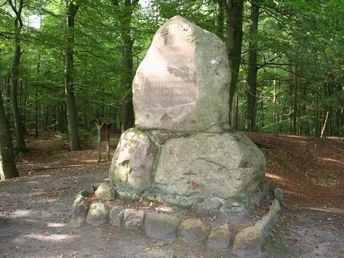 Gedenkstein aus Naturstein in einem lichten Wald, umgeben von Moos, Laub auf steinigem Boden.