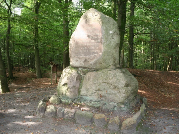 Memorial stone made of natural stone in a sparse forest, surrounded by moss and foliage on stony ground.