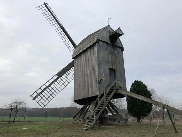 Windmühle Neuenknick Eine historische Windmühle aus Holz mit schrägem Dach steht frei auf einem grasbewachsenen Feld.