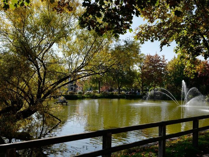 Feuerteich Herbstlich geprägter Teich mit springenden Fontänen, umrahmt von Laubbäumen und hölzernem Geländer.