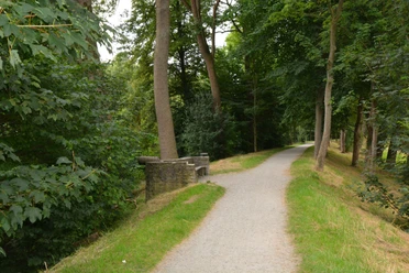 Ein schmaler, von grünen Bäumen gesäumter Weg auf einer historischen Wallanlage führt durch ein bewaldetes Gebiet.
