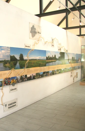 Ems-Infozentrum Innenanschicht Innenansicht eines Informationszentrums mit Wandinstallationen und Panoramakarten der Region.