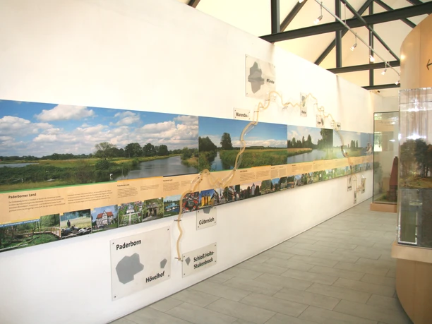 Ems-Infozentrum Innenanschicht Innenansicht eines Informationszentrums mit Wandinstallationen und Panoramakarten der Region.