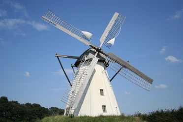 Windmühle Großenheerse Eine weiße Holländerwindmühle mit Holzflügeln erhebt sich majestätisch vor einem klaren blauen Himmel.