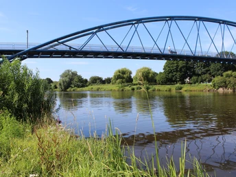 Blaue Bogenbrücke überspannt einen Fluss, umgeben von grüner Vegetation und klarem Sommerhimmel.