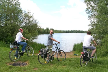 Three cyclists pause with a view of a tranquil lake surrounded by green vegetation.