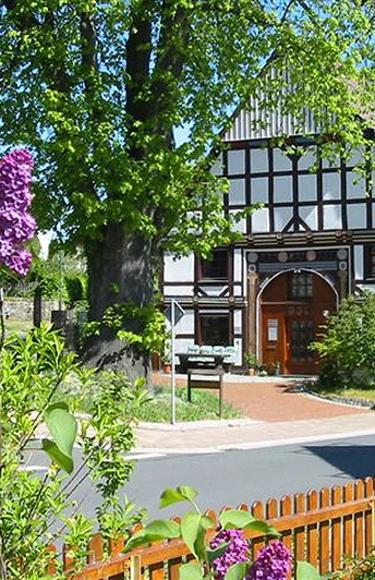image Ein Fachwerkhaus mit großem Baum im Vordergrund, umgeben von blühendem Flieder und grünen Pflanzen.
