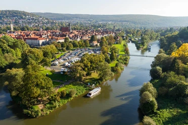 Blick auf den Zusammenfluss von Werra und Fulda, Insel Tanzwerder Blick auf den Zusammenfluss von Werra und Fulda, Insel Tanzwerder