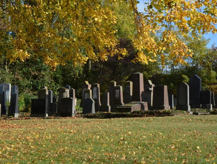 Jüdischer Friedhof in Brakel Reihen von Grabsteinen auf dem jüdischen Friedhof in Brakel, umgeben von herbstlich gefärbtem Laub.