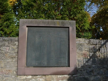 Jüdischer Friedhof in Brakel Gedenktafel an einer Steinmauer, umgeben von Bäumen, erinnert an Holocaust-Opfer in Brakel.