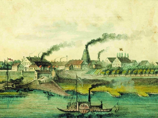 Glashütte Gernheim: Weserpanorama von 1845 Historische Illustration der Glashütte Gernheim von 1845 mit Rauchausstoß und vorbeifahrendem Dampfschiff.