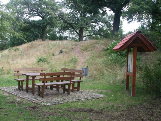 Picknicktisch mit Sitzbänken vor einem grasbewachsenen Hügel und Schautafel im Naturgebiet.