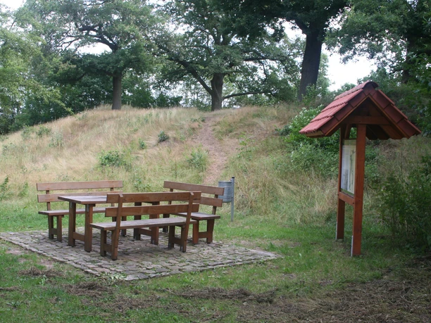 Picknicktisch mit Sitzbänken vor einem grasbewachsenen Hügel und Schautafel im Naturgebiet.