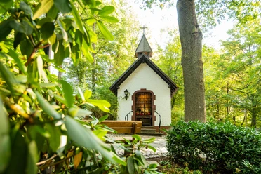 Fatimakapelle Kapelle im Wald mit grünem Laub, Bank und Pflanzendetails als idyllisches Landschaftsbild.