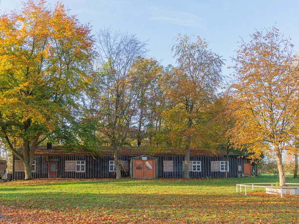 Emslandlager Versen Holzbaracke des Emslandlagers Versen im Herbst, umgeben von Bäumen mit buntem Laub