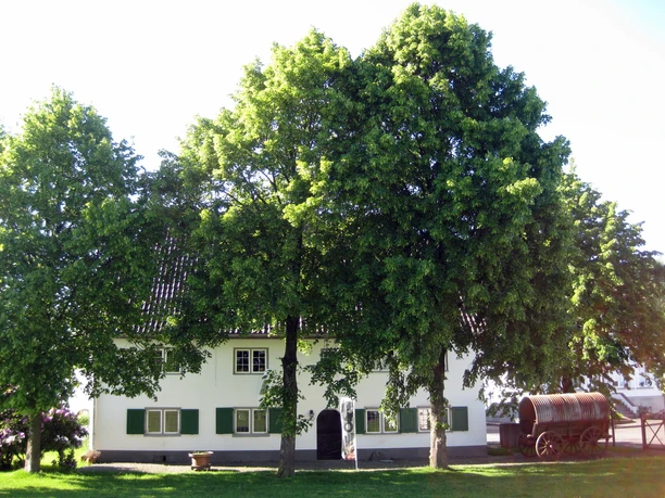 Alter Fuhrmannshof Schönes weißes Bauernhaus hinter grünen Bäumen, mit grünen Fensterläden und einem alten Weinfass.