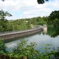 Neye-Talsperre Talsperre in grüner Umgebung mit Wald und Gewässer, im Hintergrund ein Turm auf der Mauer.