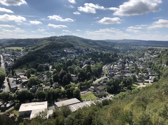 Ausblick Blick auf eine idyllische, von Wäldern umgebene Stadtlandschaft mit Häusern und dichtem Grün.