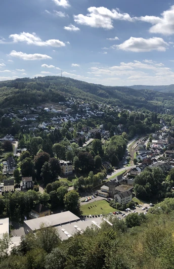Ausblick Blick auf eine idyllische, von Wäldern umgebene Stadtlandschaft mit Häusern und dichtem Grün.