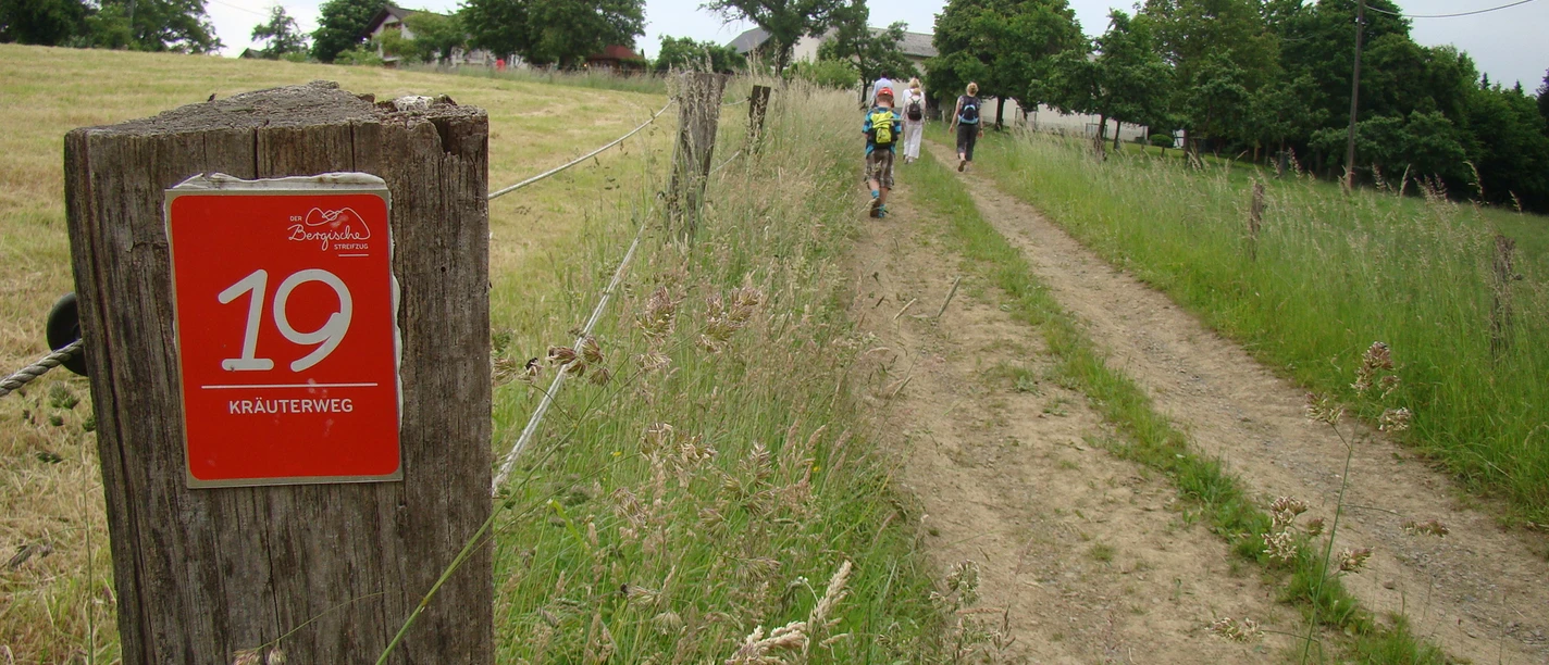 am Kräuterweg <p>Wanderweg mit rotem Wegweiser "19 Krautweg", umgeben von Wiesen und Gruppen von Wanderern im Hintergrund.</p>