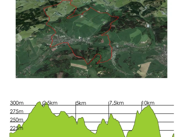 Höhenprofil Satellitenbild einer ländlichen Landschaft mit markierter Region. Darunter Höhenprofil eines Wanderwegs.