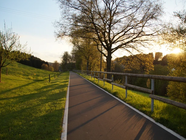 Bahntrasse Sülztalbahn <p>Ein ruhiger, sonnenbeschienener Weg durch grüne Wiesen und Bäume entlang eines Holzzauns.</p>