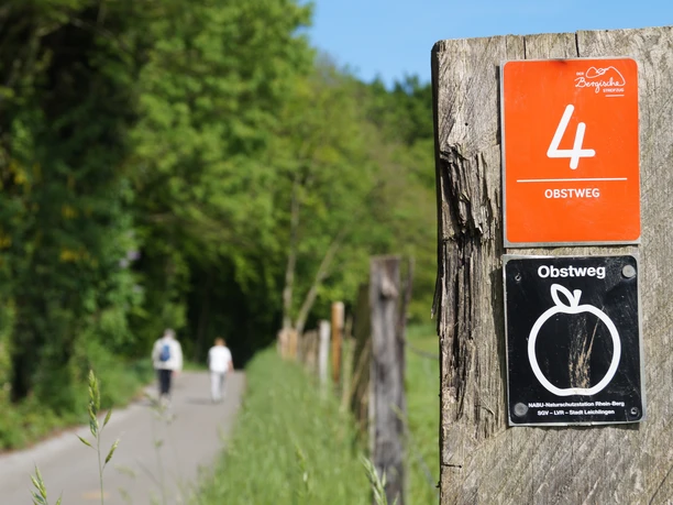 Impressionen vom Obstweg <p>Wanderweg in Leichlingen mit Holzpfosten und Obstwegmarkierung, zwei Personen spazieren im Hintergrund.</p>